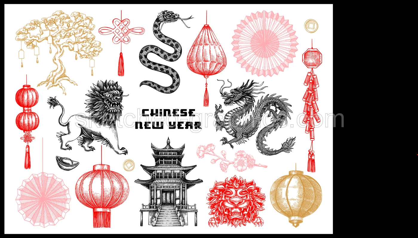 Chinese New Year decoration in sketch style. China sketches. Hand-drawn vector illustrations set. NOT AT generated Illustration